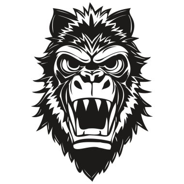 Spor takımı için vektör maskot logosu, goril başı siyah beyaz çizim rozeti.