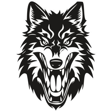 Spor takımı için vektör maskot logosu, kurt başı siyah-beyaz çizim rozeti.
