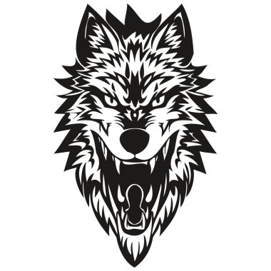 Spor takımı için kurt kafası amblemi, siyah beyaz hayvan maskotu logotyp