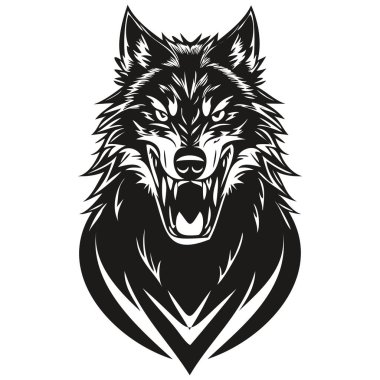 Esnaf ve spor takımı için kurt maskotu logosu, siyah ve beyaz şablon rozetleri.