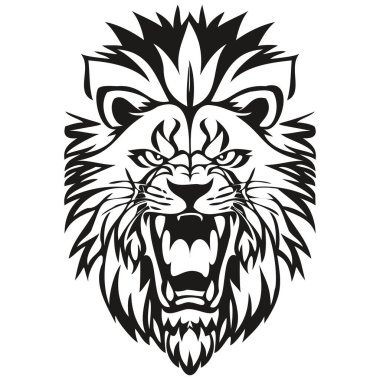Vahşi aslan başlı hayvan maskotu logoti, siyah beyaz şablon rozetleri.