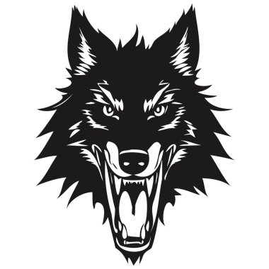 Esport ve spor takımı için vahşi kurt baş maskotu logosu, siyah ve beyaz şablon rozeti.