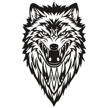 Vahşi kurt başlı hayvan maskotu logoti, siyah beyaz şablon rozetleri.