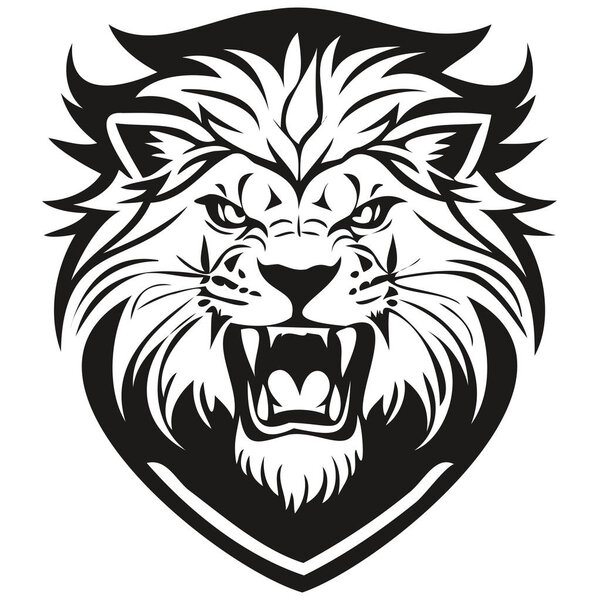 Lion head embleme for sport team, black and white animal mascot logotyp