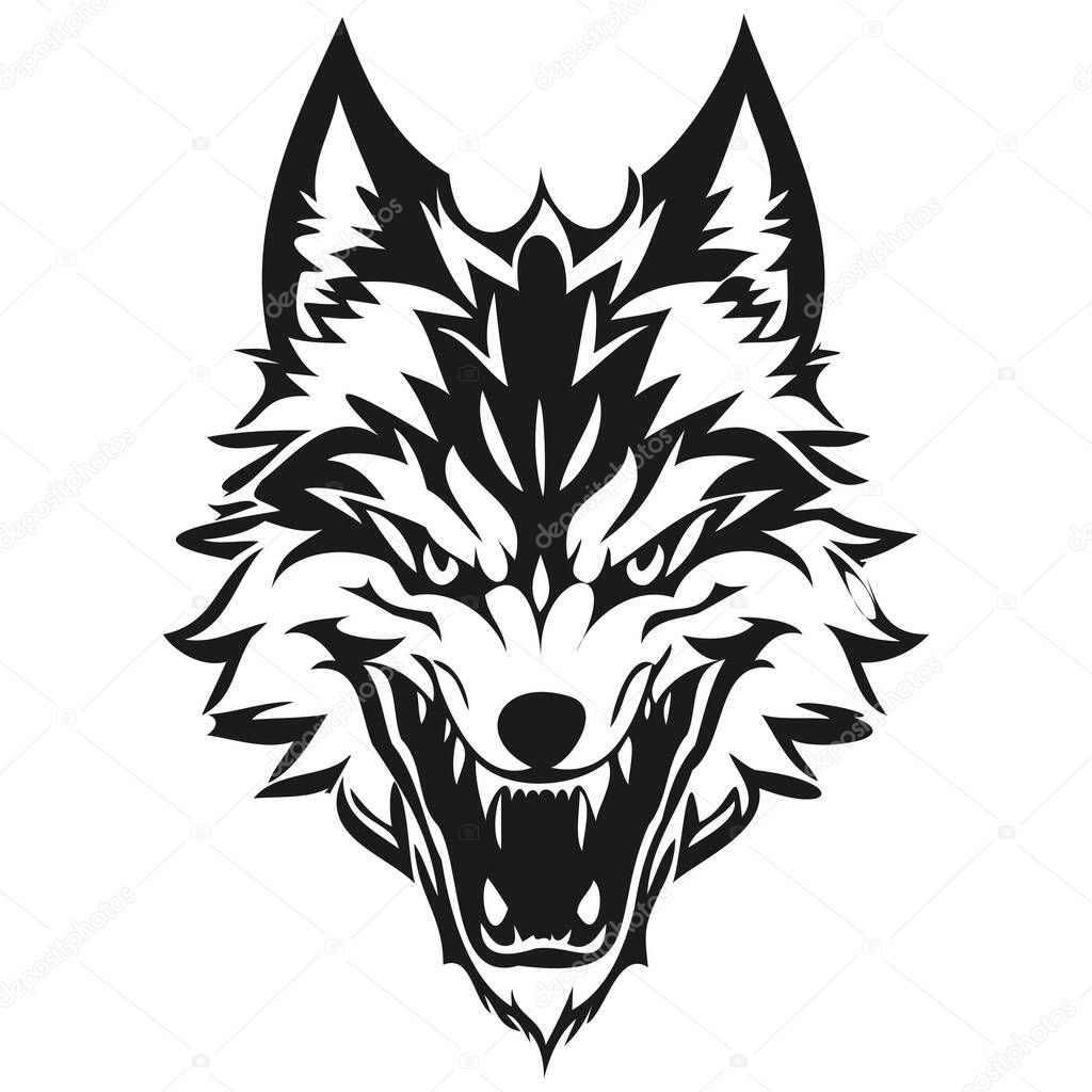 Ferocious wolf head animal mascot logotype, black and white template badges emble