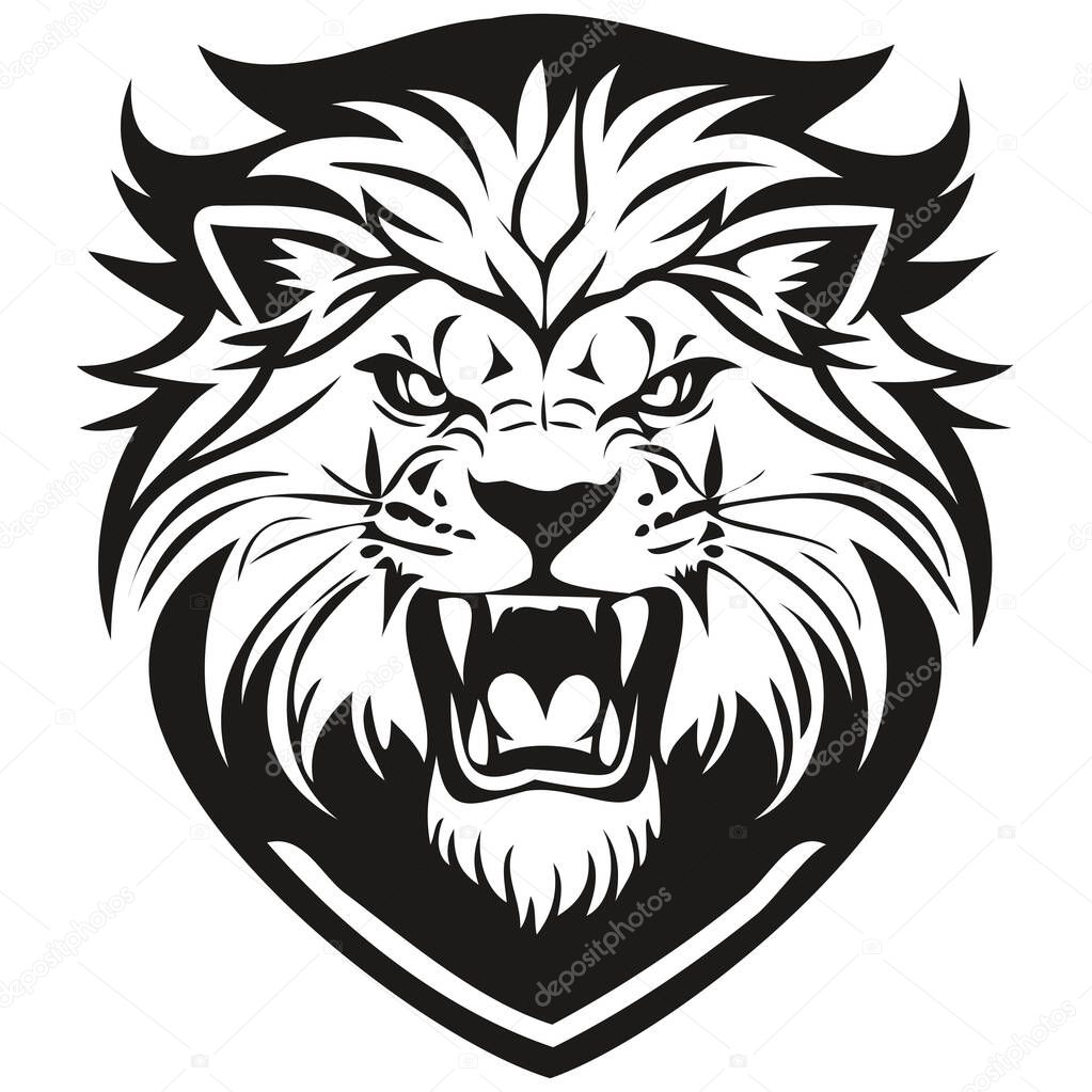 Lion head embleme for sport team, black and white animal mascot logotyp
