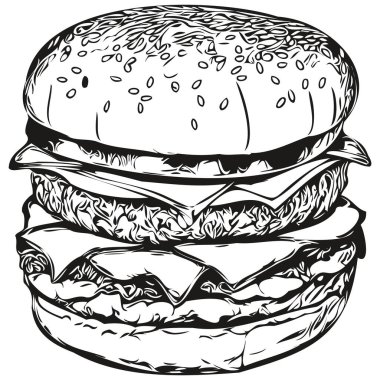 Sevimli el çizimi burger, vektör çizimi siyah beyaz hamburgerler.