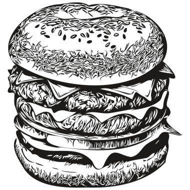 Sevimli el çizimi burger, vektör çizimi siyah beyaz hamburgerler.
