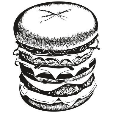 El çizimi karikatür burger, vektör vintage çizim hamburgeri.