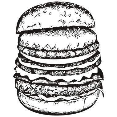 Gerçekçi burger vektörü, el çizimi hayvan çizimi hamburgeri.