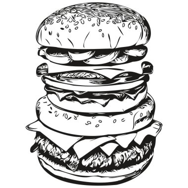 Gerçekçi burger vektörü, el çizimi hayvan çizimi hamburgeri.
