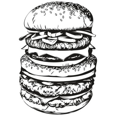 Klasik oymalı izole edilmiş hamburger çizimi mürekkep karalama hamburgeri.