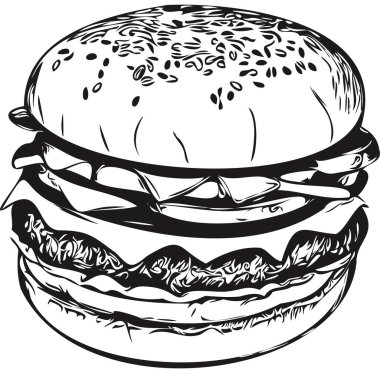 Hamburger vintage illüstrasyon, siyah beyaz vektör sanat hamburgeri