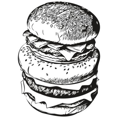 Hamburger logosu, siyah beyaz çizim el hamburgeri