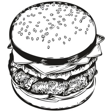 Hamburger eskizi, el çizimi vahşi yaşam, eski gravür tarzı, vektör illüstrasyon hamburgeri