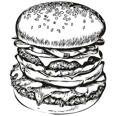 Hamburger eskizi, el çizimi vahşi yaşam, eski gravür tarzı, vektör illüstrasyon hamburgeri