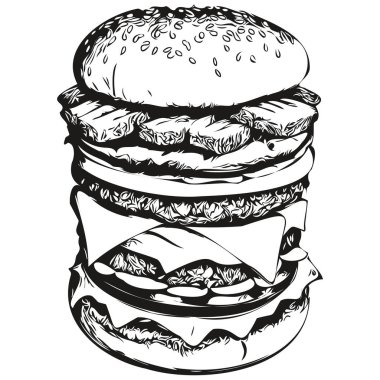 Hamburger yarım yamalak, beyaz arka planda bir hamburgerin grafik portresi.