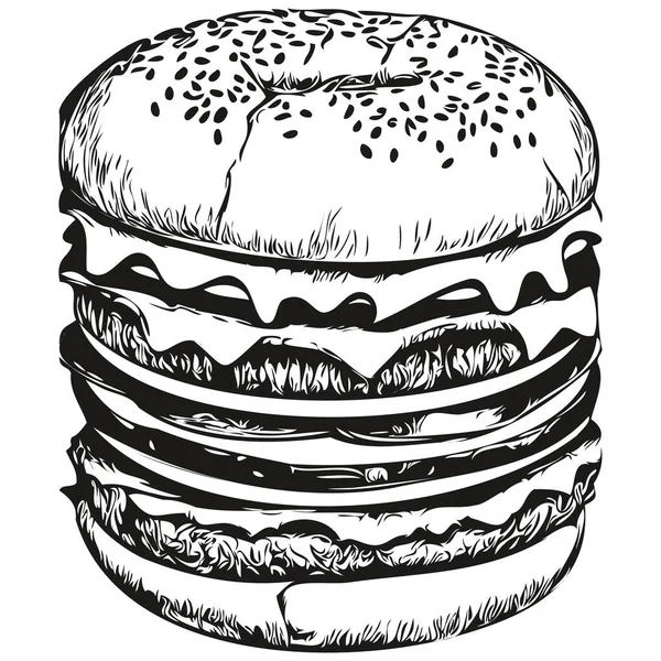 빈티지 드로잉 방식의 햄버거 Engrave Burger Illustration — 스톡 벡터