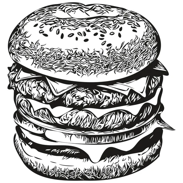 Χαριτωμένο Χέρι Που Burger Διανυσματική Απεικόνιση Μαύρο Και Άσπρο Hamburge — Διανυσματικό Αρχείο