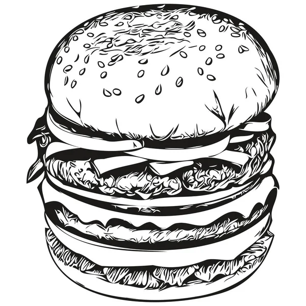Funny Cartoon Burger Line Art Ilustrační Inkoust Skica Hamburge — Stockový vektor