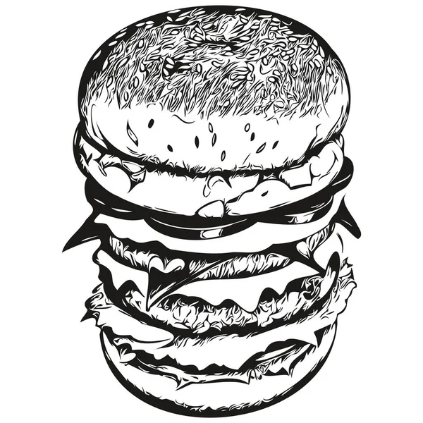 Funny Cartoon Burger Line Art Illustration Ink Sketch Hamburge — Stock Vector