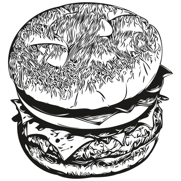 Klasik Oymalı Izole Edilmiş Hamburger Çizimi Mürekkep Karalama Hamburgeri — Stok Vektör