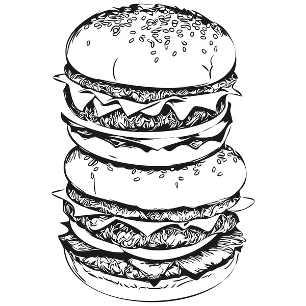 Ασπρόμαυρο Γραμμικό Χρώμα Draw Burger Διανυσματική Απεικόνιση Hamburge — Διανυσματικό Αρχείο