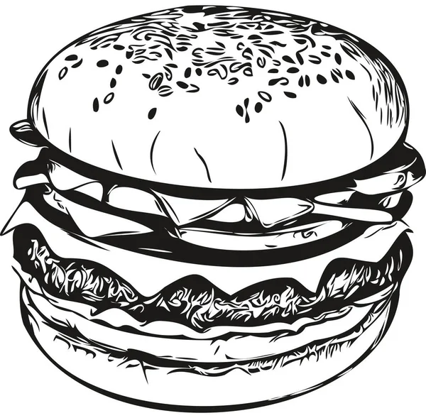Hamburger Vintage Illüstrasyon Siyah Beyaz Vektör Sanat Hamburgeri — Stok Vektör