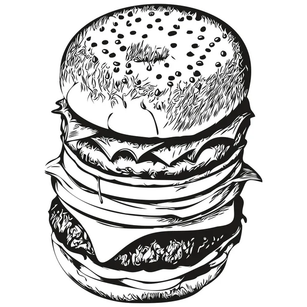 Czarny Biały Liniowy Farba Rysować Burger Wektor Ilustracja Hamburge — Wektor stockowy