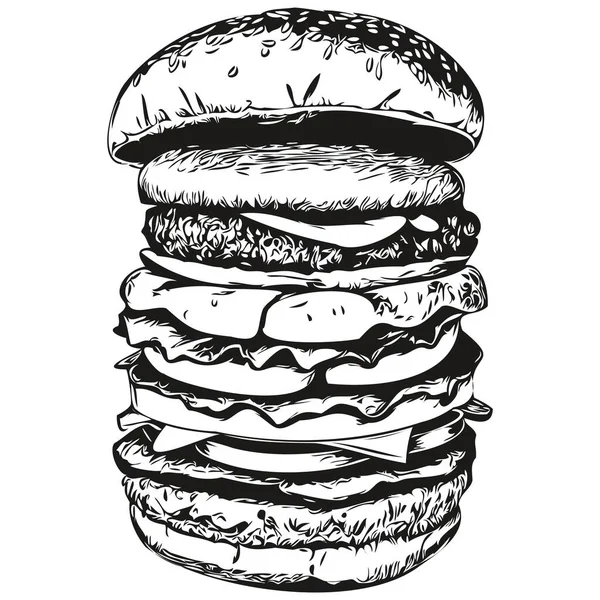 Гамбургер Логотип Черно Белая Иллюстрация Рука Рисования Гамбурге — стоковый вектор