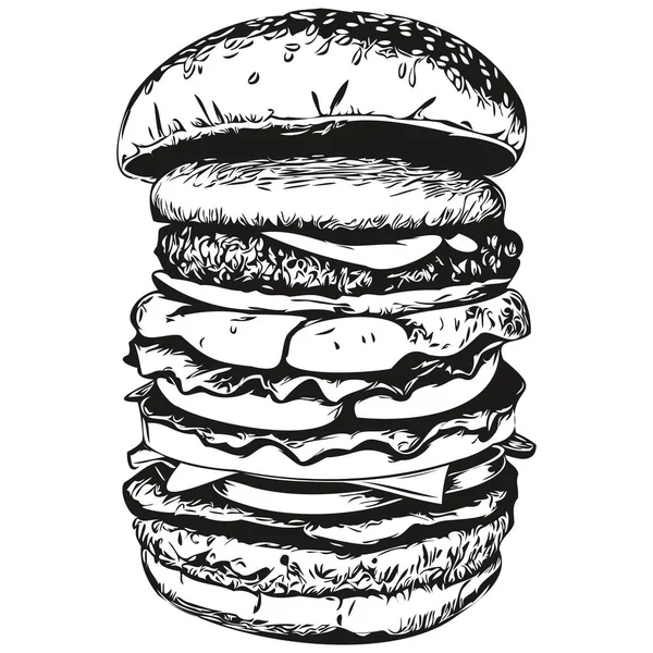 Logotipo Hamburguesa Ilustración Blanco Negro Hamburguesa Dibujo Mano — Vector de stock