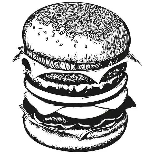 Burger Vector Illustration Line Art Drawing Black White Hamburge — Stock Vector