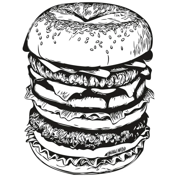Burger Vector Illustration Line Art Drawing Black White Hamburge — Stock Vector
