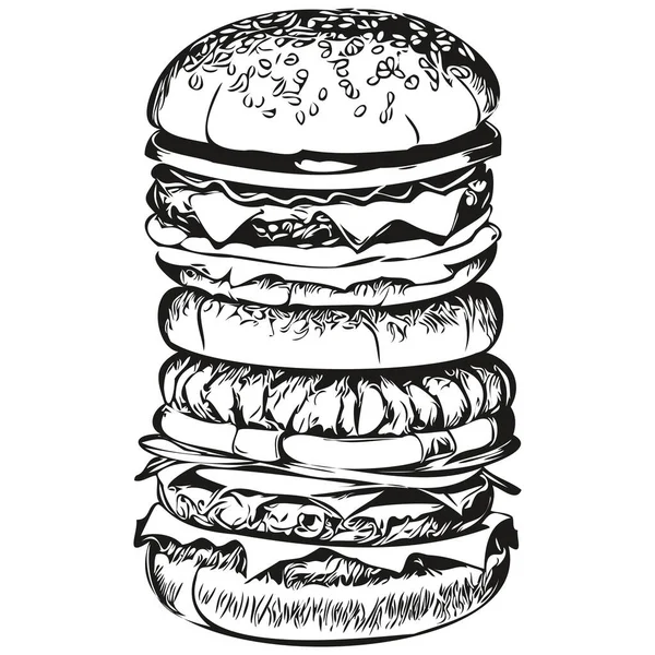 Burger Vecteur Illustration Ligne Art Dessin Hamburge Noir Blanc — Image vectorielle