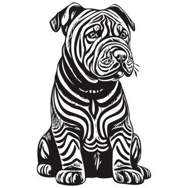 Çin Shar Pei köpek logosu siyah-beyaz, klasik köpek kafası oymalı gerçekçi bir hayvan.