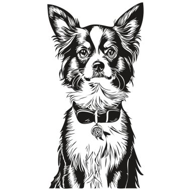 Papillon köpek köpek kalem el çizim vektörü, taslak çizim evcil hayvan yüz logosu siyah ve beyaz