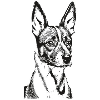 Fare Terrier köpek çizgi filmi yüz mürekkep portresi, siyah beyaz çizim, tişört izi.