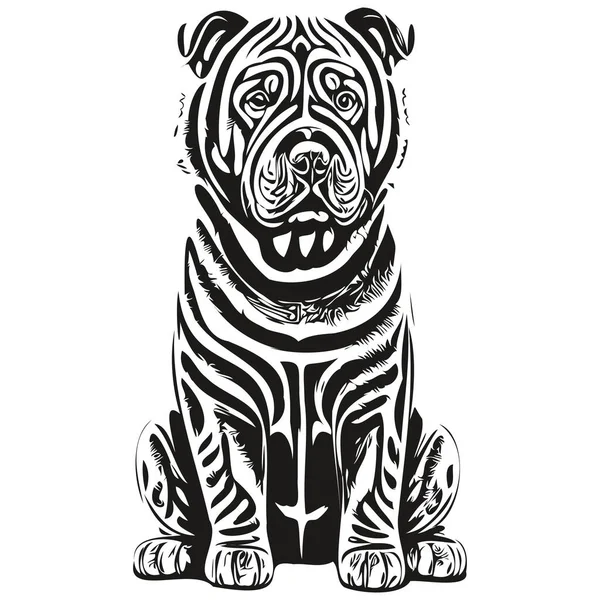 中国のシャールペイ犬は ベクトルの肖像画を刻ま 黒と白のスケッチ画で顔の漫画のヴィンテージ図面 — ストックベクタ