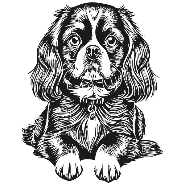 English Toy Spaniel犬の手描きロゴが黒と白のラインアートペットのイラストを描く — ストックベクタ