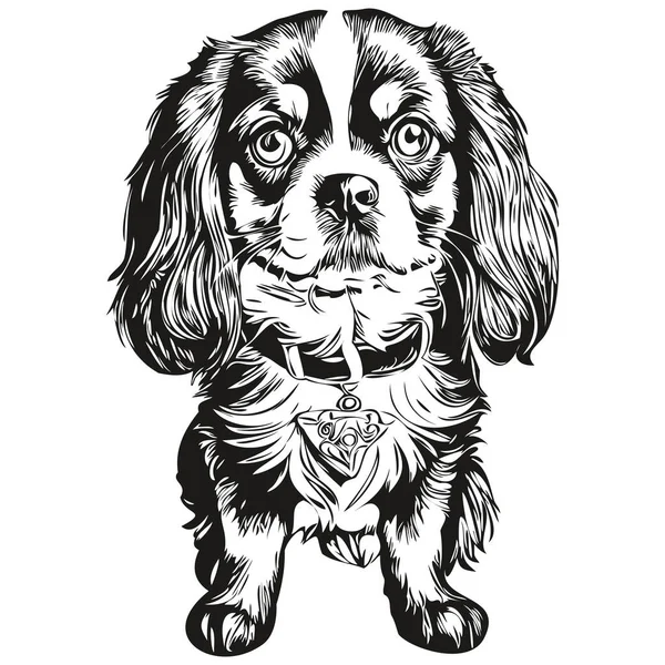 日本語おもちゃスペイン犬インクスケッチ図面 ヴィンテージタトゥーまたはTシャツプリント黒と白のベクトル現実的な品種ペット — ストックベクタ