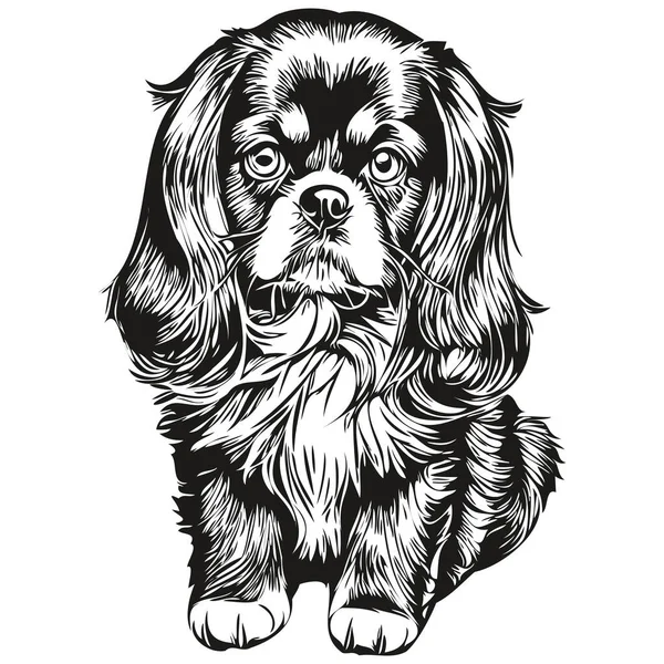 日本語おもちゃスペイン犬のロゴベクトル黒と白 ヴィンテージかわいい犬の頭の彫刻スケッチ図面 — ストックベクタ