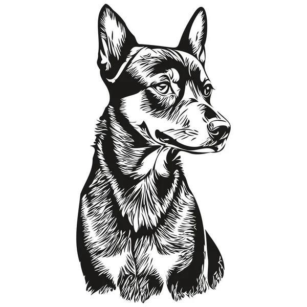 Alman Pinscher köpek çizgi filmi yüz mürekkep portresi, siyah beyaz çizim, tişört izi.
