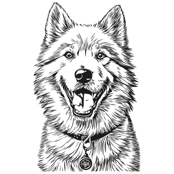 萨莫伊犬水墨画 古色古香纹身或T恤印花黑白病媒逼真品种宠物 — 图库矢量图片