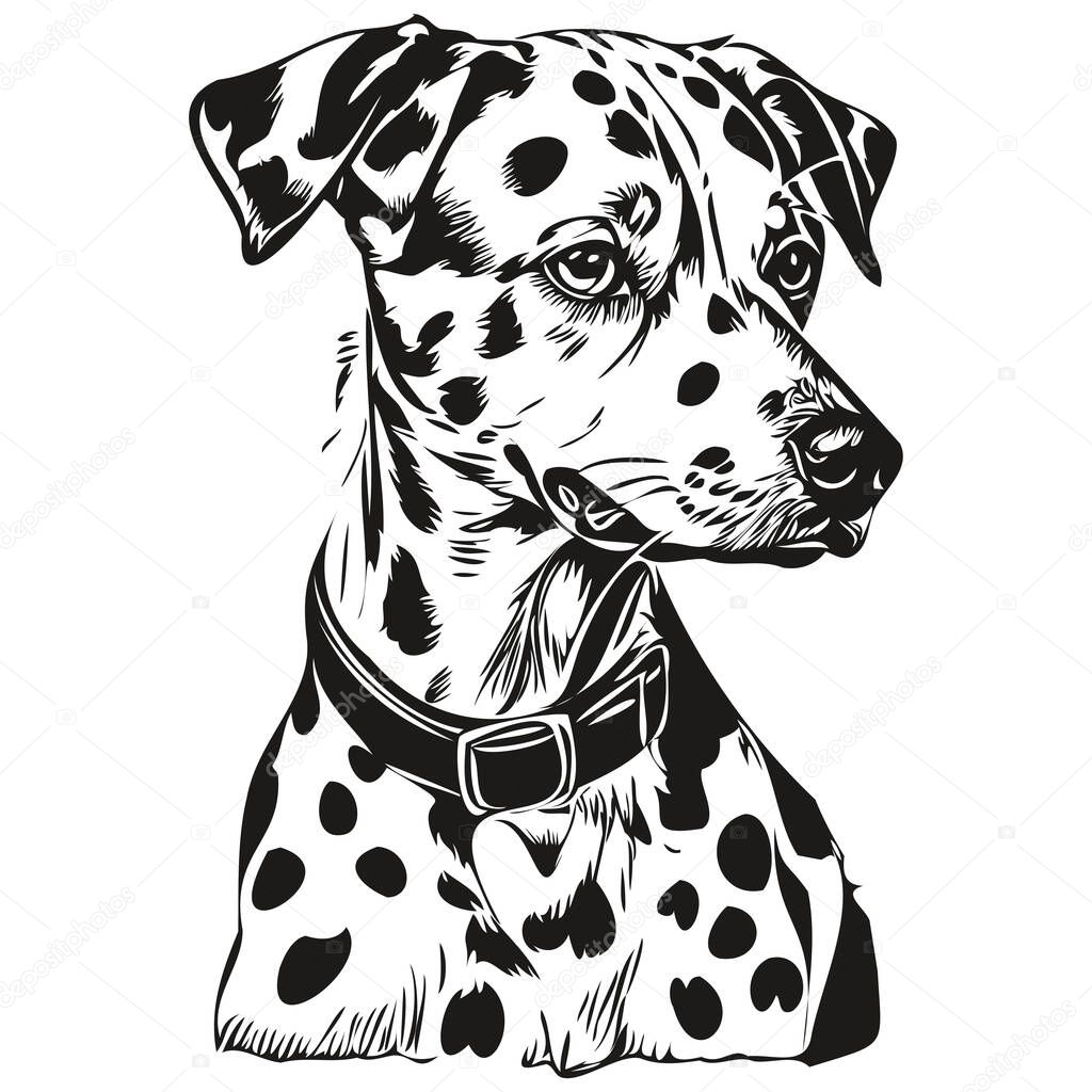 Dalmatian dog realistic pencil drawing in vector, line art illustration of dog face black and white