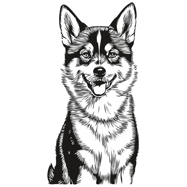 芝犬漫画フェイスインクの肖像画 黒と白のスケッチ図面 Tシャツプリント — ストックベクタ