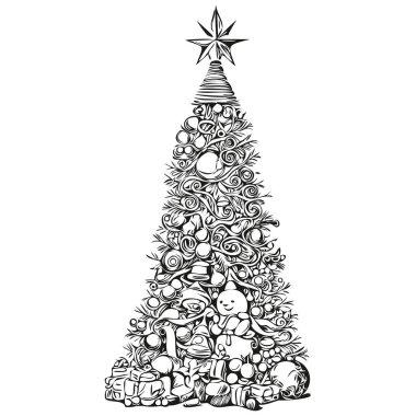 Noel Ağacı Eskiz El Kalıbı, Mevsimsel Temalar İçin Zarif Dekorasyon, Siyah beyaz izole edilmiş vektör mürekkebi tebrik kartı, poster, davetiye, logo şablonu