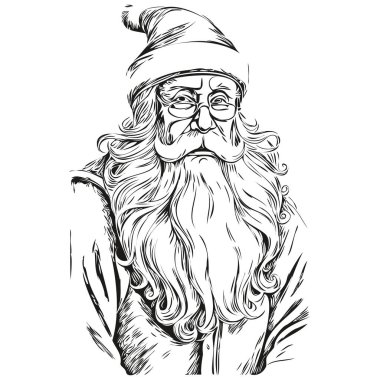 Noel Baba Vintage Gravür Çizgi Sanatı, Klasik Noel Baba İllüstrasyonu, siyah beyaz izole edilmiş vektör mürekkebi tebrik kartı, poster, davetiye, logo şablonu
