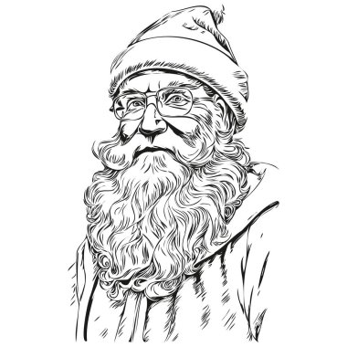 Noel Baba Vintage İşlenmiş Poster, Klasik Noel Baba Sanatı, siyah beyaz izole edilmiş vektör mürekkebi tebrik kartı, poster, davetiye, logo şablonu