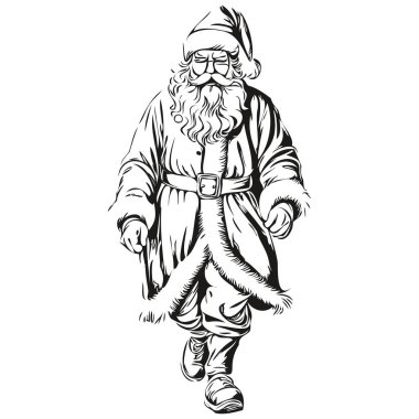 Noel Baba Vintage oymalı Siluet Detaylı Sketch, Klasik Noel Baba Sanatı, siyah beyaz izole vektör mürekkebi tebrik kartı, poster, davetiye, logo şablonu