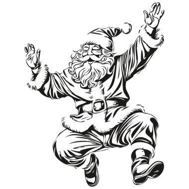 Noel Baba Vintage oymalı Siluet Detaylı Sketch, Klasik Noel Baba Sanatı, siyah beyaz izole vektör mürekkebi tebrik kartı, poster, davetiye, logo şablonu